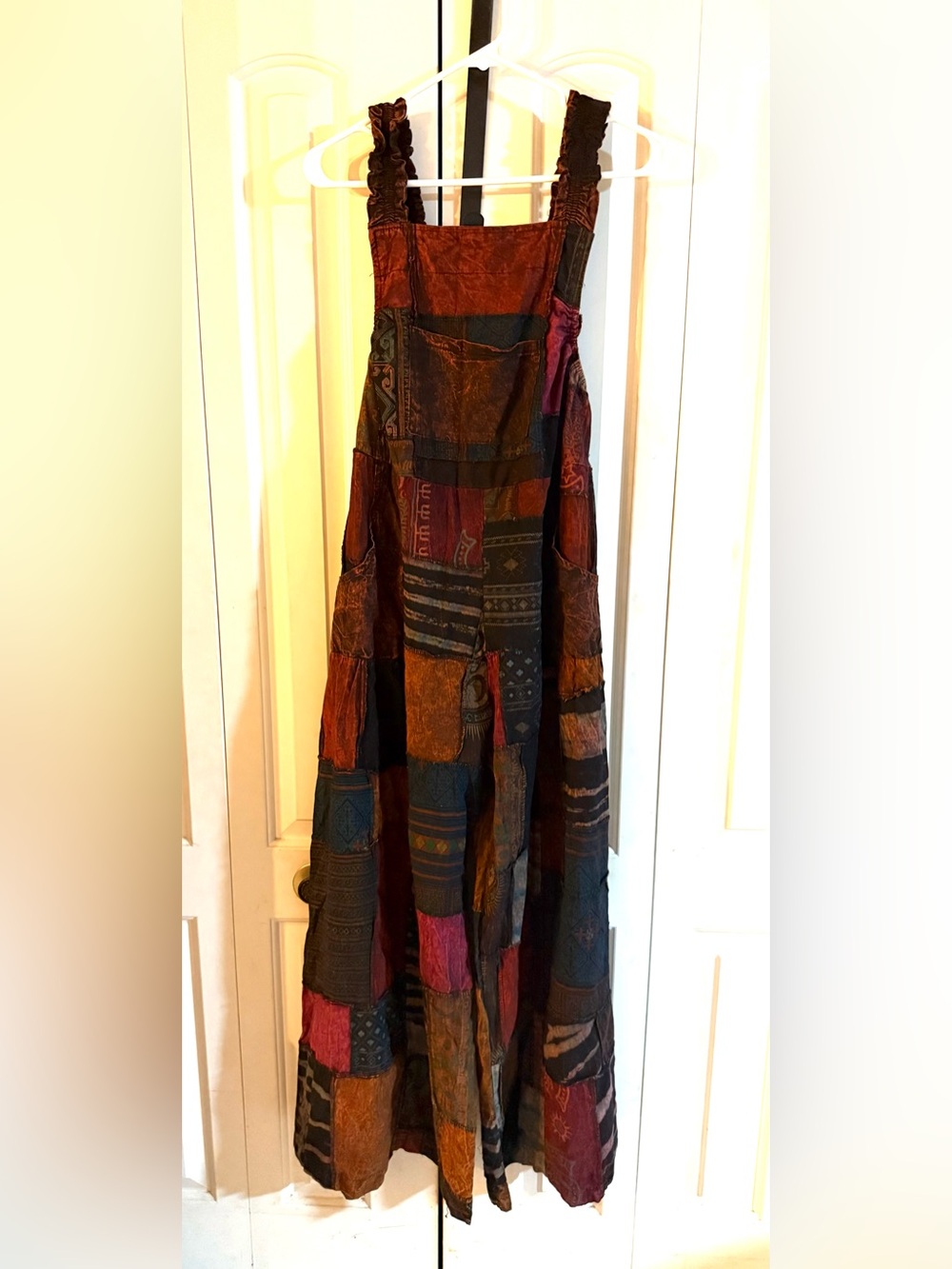 Boho Patchwork Maxi Dress in Burgundy, Navy & Mustard Accents